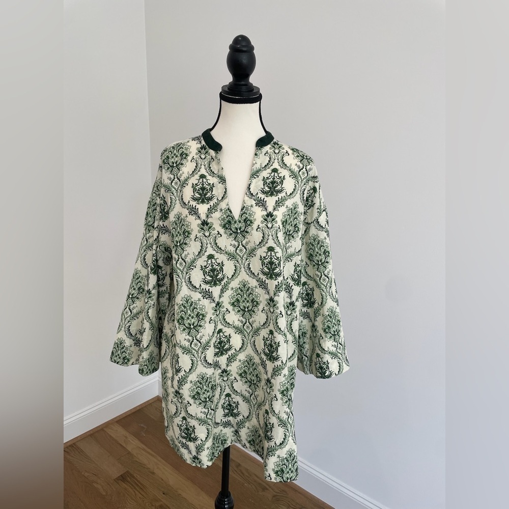 Green and White Patterned Tunic Mini Dress, Size Small